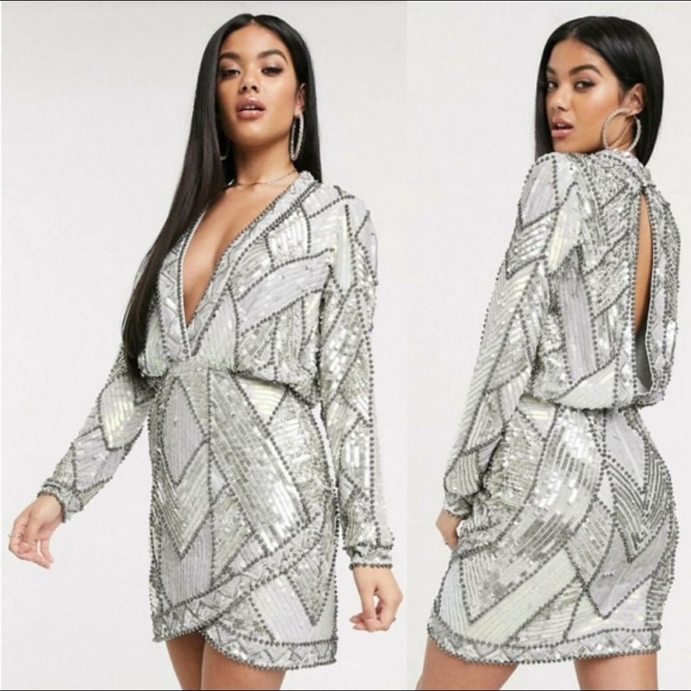NWT - ASOS Embellished Sequin Silver Plunge Dress Size 2 ✨